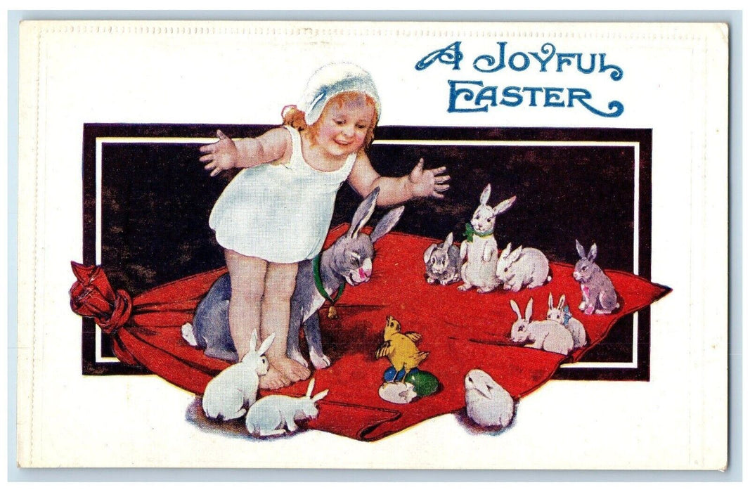 c1910's Easter Little Girl Playing With Bunnies And Chick Embossed Postcard