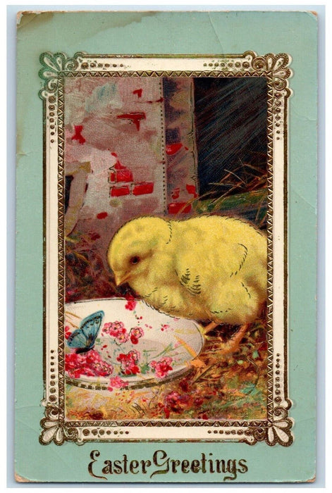 1912 Easter Greetings Chick Bowl Butterfly Flowers Gel Gold Gilt Posted Postcard
