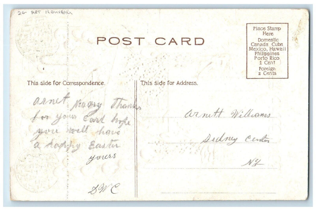 c1910's Easter Greetings Rabbit Cattails Art Nouveau Embossed Antique Postcard