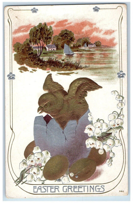 1910 Easter Greetings Hatched Eggs Chick Art Nouveau Embossed Antique Postcard