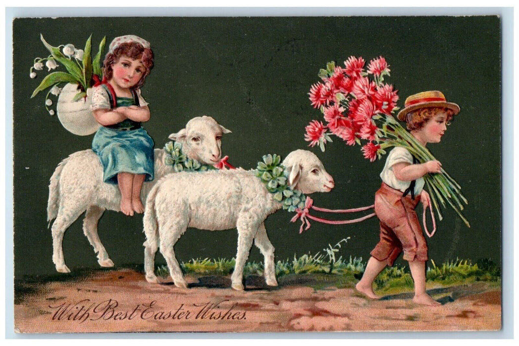 1910 Easter Wishes Children Lamb Hatched Egg Flowers Clover Altoon PA Postcard