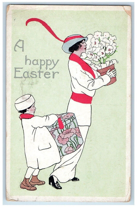 1921 Easter Mother And Daughter Flowers In Pot Art Deco Chicago IL Postcard