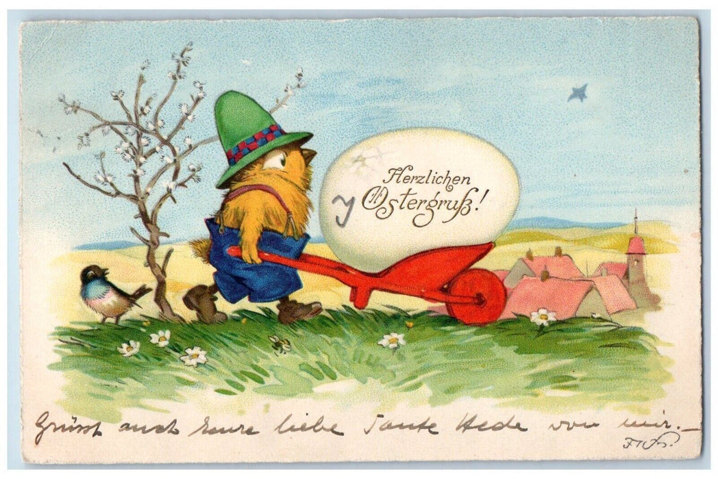 Easter Anthropomorphic Chick Pushing Cart Egg Bird Flowers Antique Postcard