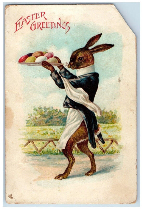 1909 Easter Greetings Anthropomorphic Rabbit Eggs Plate Waiter Server Postcard