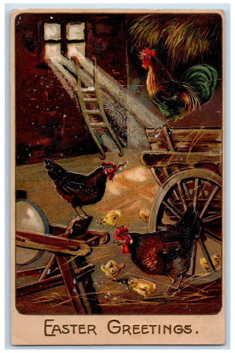 1908 Easter Greetings Rooster Chicken Hen Chicks Barn Embossed Antique Postcard