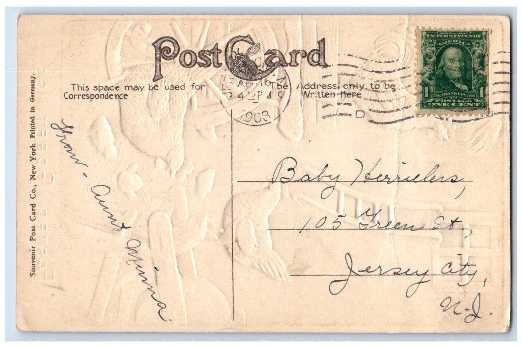 1908 Easter Greetings Rooster Chicken Hen Chicks Barn Embossed Antique Postcard