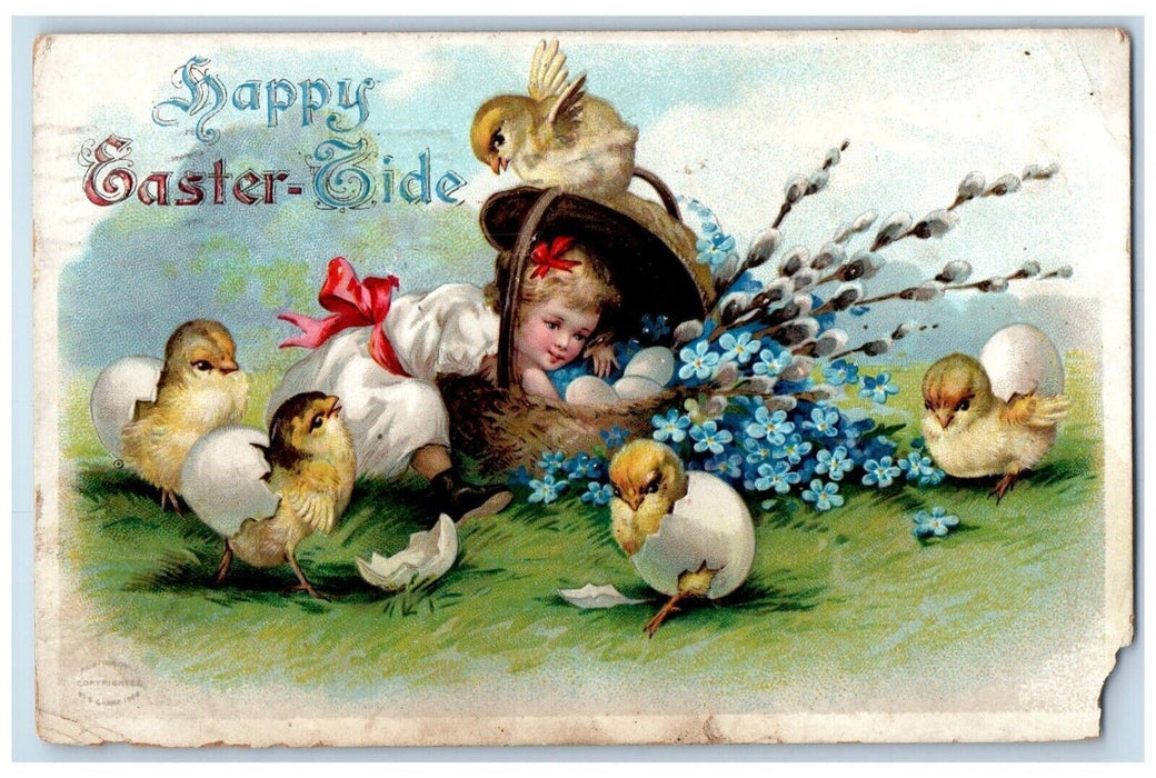 1911 Easter Girl Hatched Eggs Pansies Flowers Embossed Posted Antique Postcard