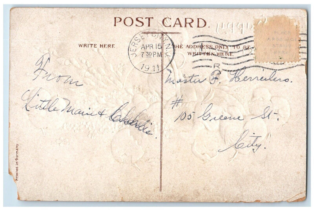 1911 Easter Girl Hatched Eggs Pansies Flowers Embossed Posted Antique Postcard