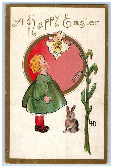 c1910's Happy Easter Little Girl Lily Flower Rabbit Embossed Antique Postcard