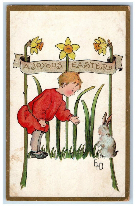 1911 Joyful Easter Boy Bunny Yellow Flowers Embossed Posted Antique Postcard