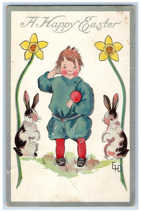 1911 Happy Easter Boy Egg Bunny Rabbits Flowers Turnwood NY Antique Postcard