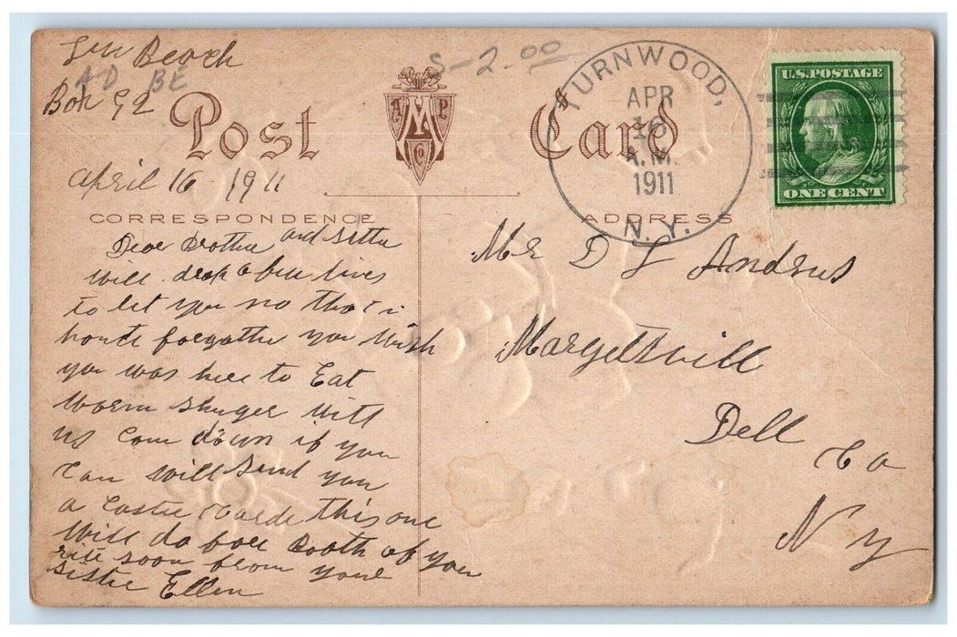 1911 Happy Easter Boy Egg Bunny Rabbits Flowers Turnwood NY Antique Postcard
