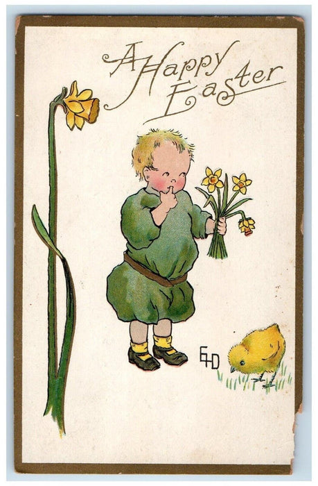 1911 Happy Easter Boy Chick Yellow Flowers Spiceland Indiana IN Antique Postcard
