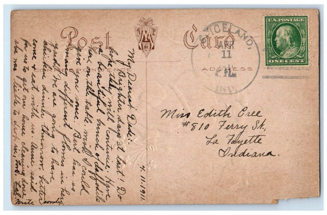 1911 Happy Easter Boy Chick Yellow Flowers Spiceland Indiana IN Antique Postcard