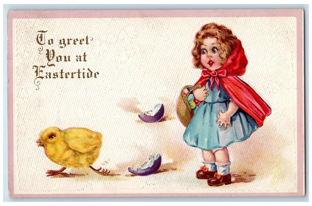 1915 Easter Girl Hatched Egg Basket Embossed Stormstown PA Antique Postcard