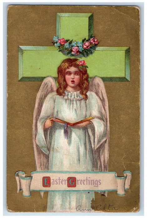 1910 Easter Greetings Holly Angel Singing Cross Flowers Grand Rapids MI Postcard