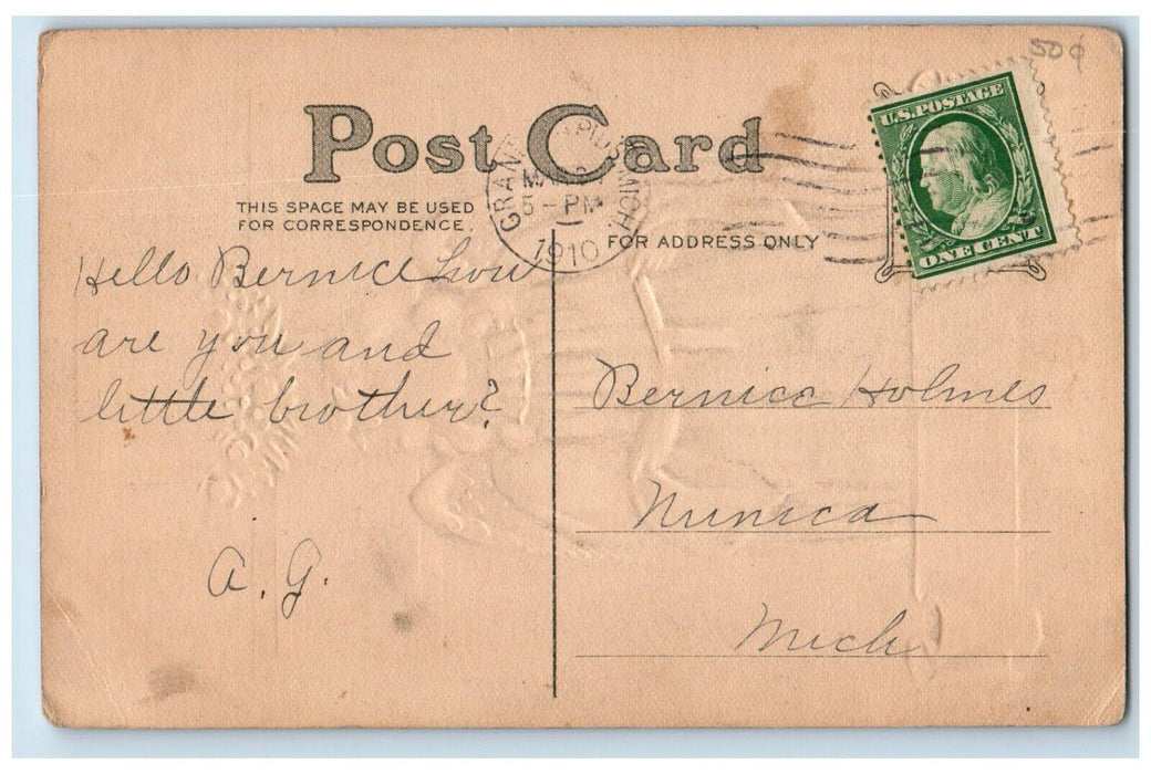 1910 Easter Greetings Holly Angel Singing Cross Flowers Grand Rapids MI Postcard
