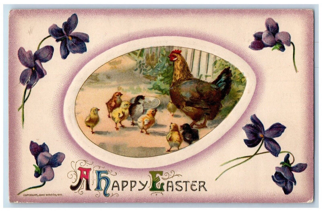 1914 Easter Greetings Egg Chicken Hen Chicks Flowers John Winsch Posted Postcard