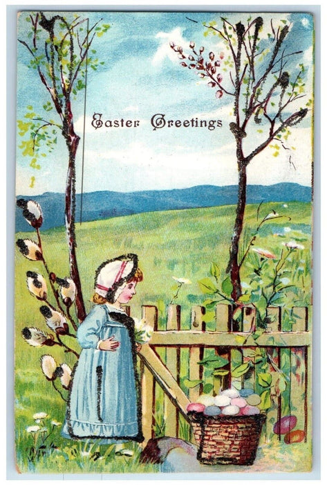 c1910's Easter Greetings Girl Collecting Eggs Basket Posted Antique Postcard