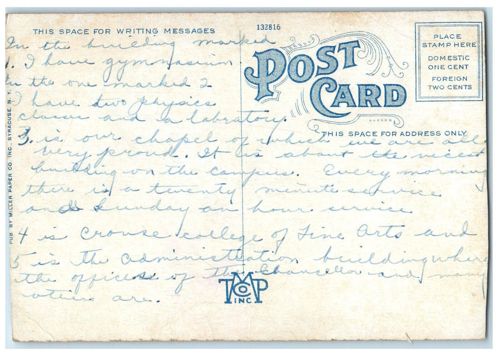 c1920's Steele Hall Hendricks Chapel Syracuse University New York NY Postcard