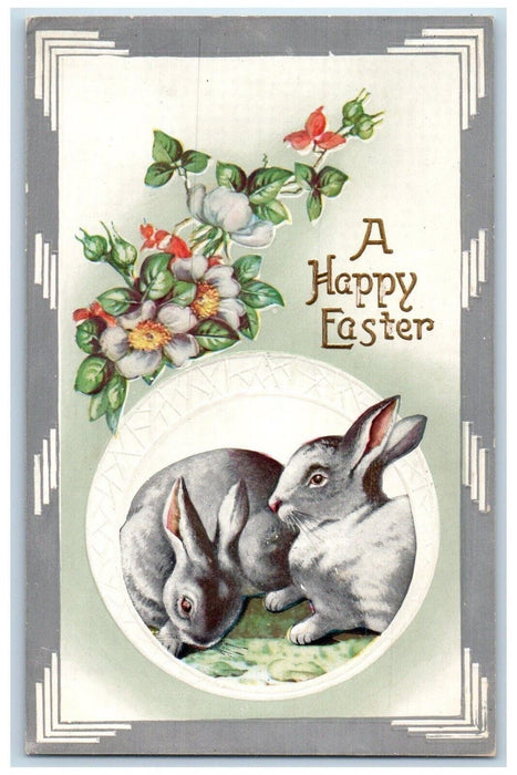 c1910's Easter Bunny Rabbits Flowers Embossed Unposted Antique Postcard