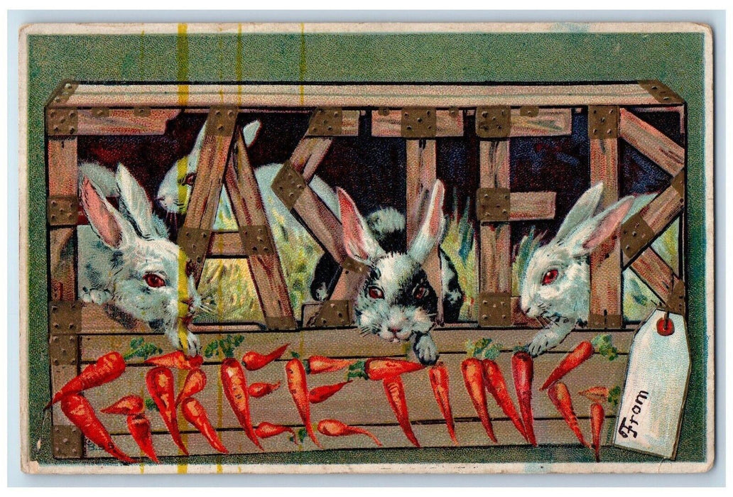 c1910's Easter Greetings Carrots Bunny Rabbits Embossed Posted Antique Postcard