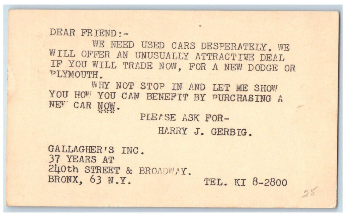 1958 Gallaghers Used Car Dealership Dodge Plymouth Bronx NY Advertising Postcard