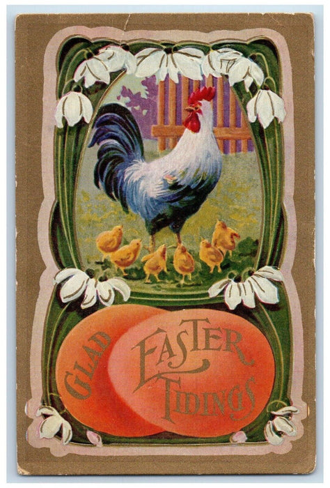 c1910's Easter Tidings Rooster Chicks Eggs Embossed Posted Antique Postcard