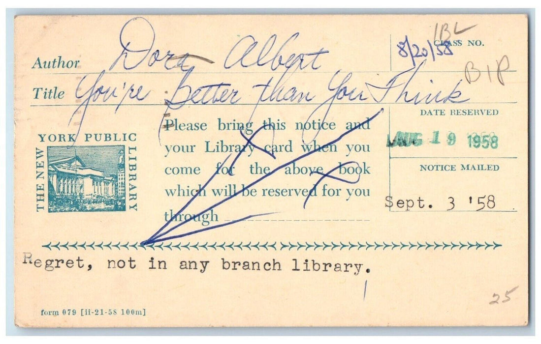 1958 The New York Public Library Circulation Department NY Notice Postcard