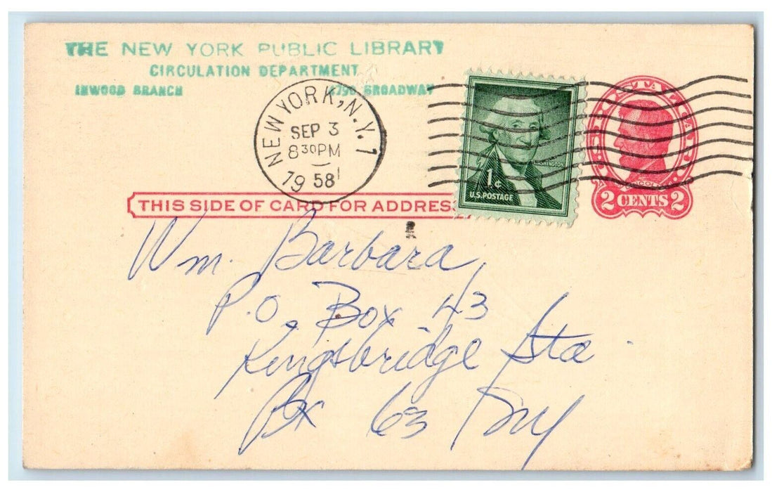 1958 The New York Public Library Circulation Department NY Notice Postcard