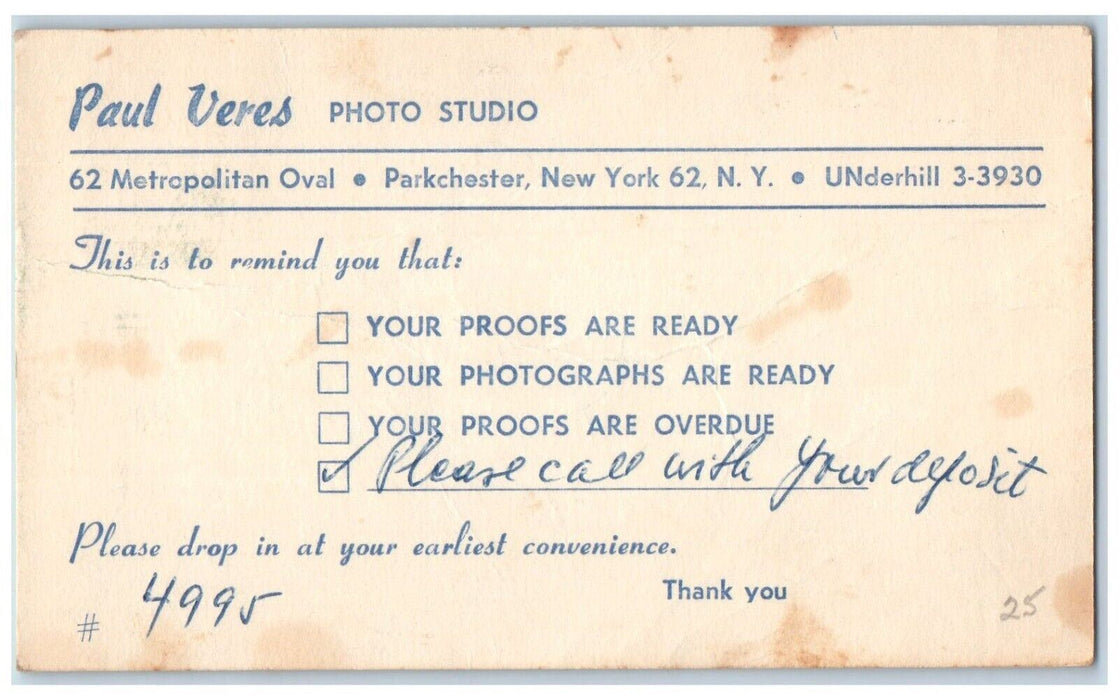 1958 Paul Veres Photo Studio Parkchester New York NY Advertising Postcard