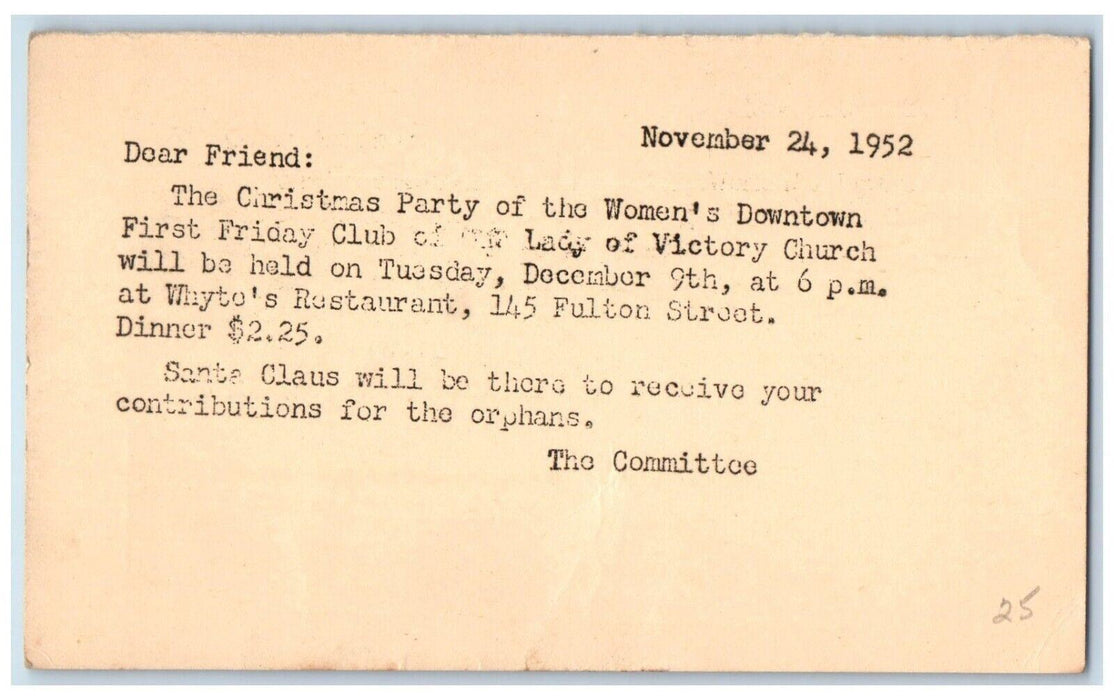1952 Women's Downtown First Friday Club Brooklyn NY Lady Victory Church Postcard