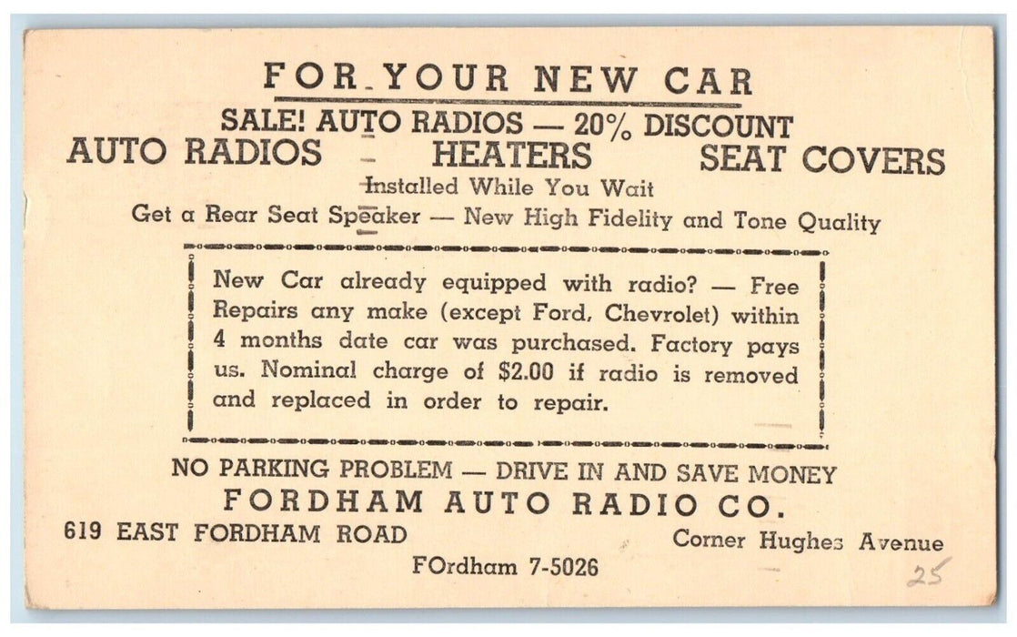 1954 Fordham Auto Radio Co. Car Repair NY Advertising Bronx Postcard