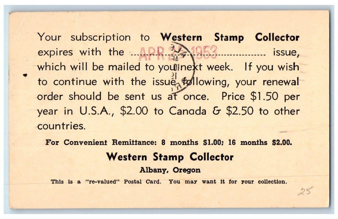 1953 Western Stamp Collector Subscription Albany Oregon OR Advertising Postcard