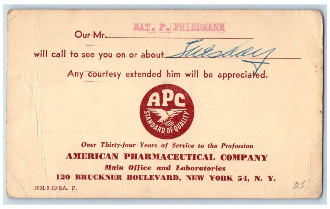 1952 American Pharmaceutical Company Laboratories NY Advertising Postcard