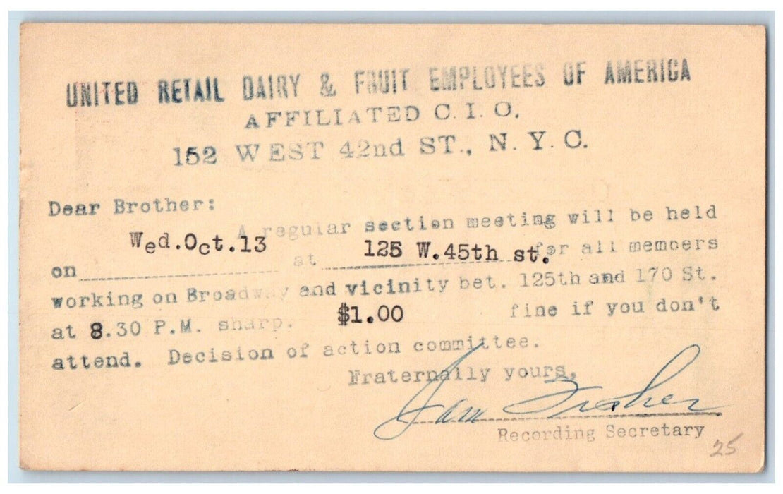 1954 United Retail Dairy & Fruit Employees Of America NY Advertising Postcard