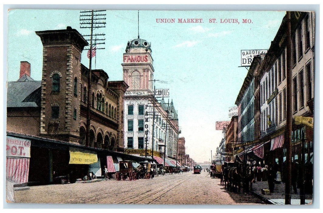 1907 Union Market Exterior Streetcar St. Louis Missouri Vintage Antique Postcard