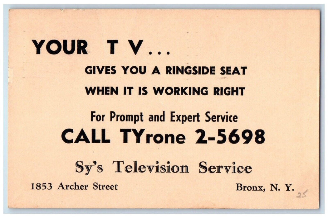 1955 Sy's Television Repair Service Bronx New York NY Advertising Postcard