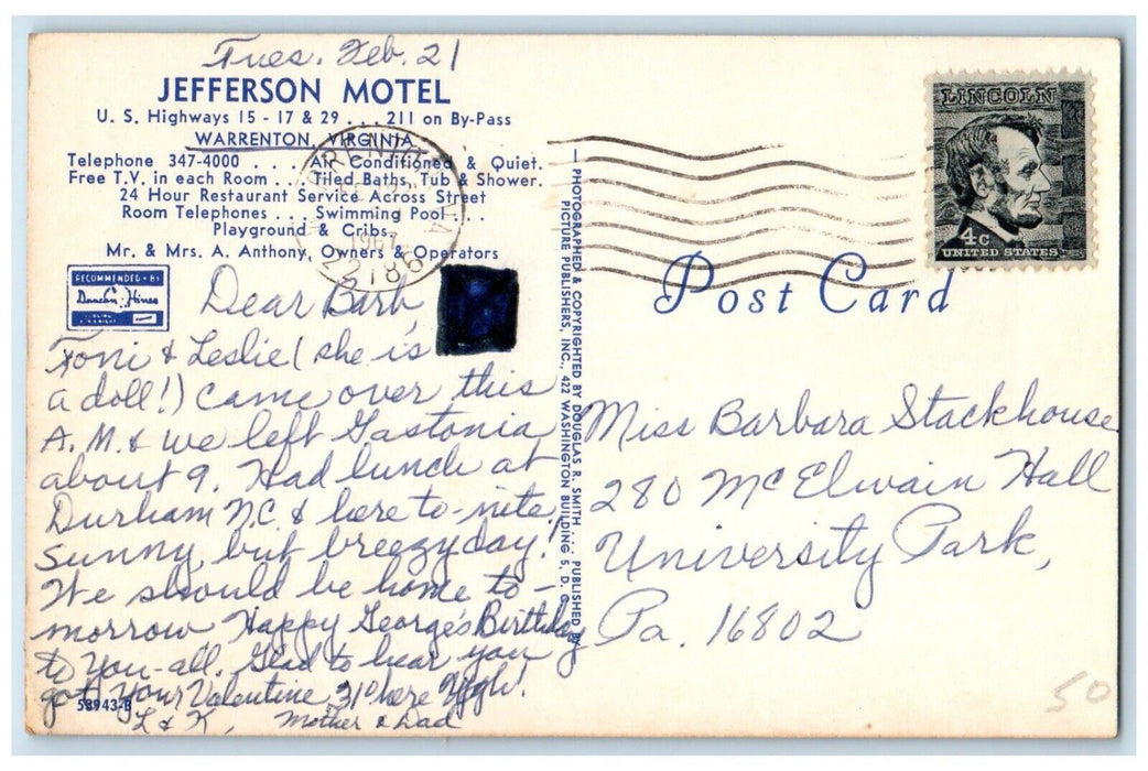 1967 Jefferson Motel Restaurant Swimming Pool Warrenton Virginia VA Postcard