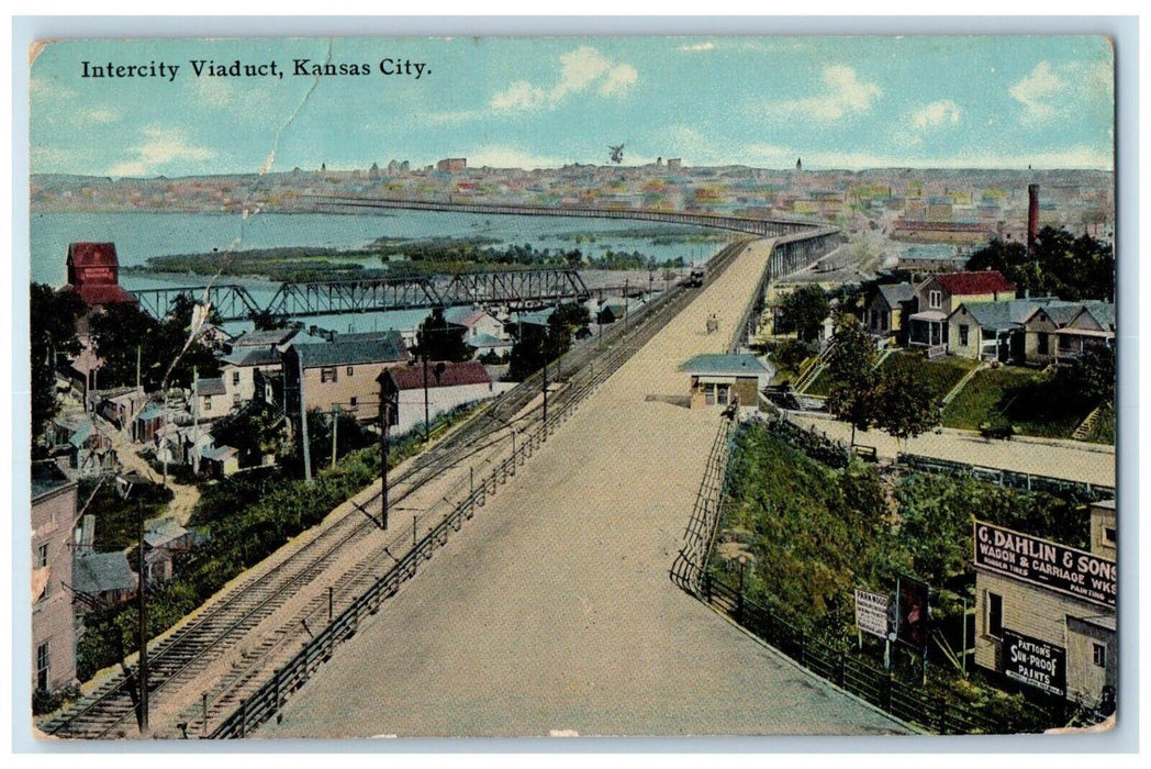 1912 Intercity Viaduct Railroad Street Road Stores Kansas City Missouri Postcard