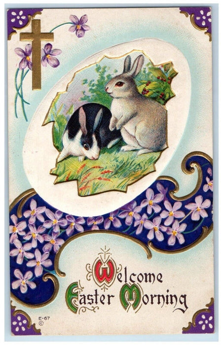 c1910's Easter Greetings Bunny Rabbit Cross Pansies Flowers Embossed Postcard