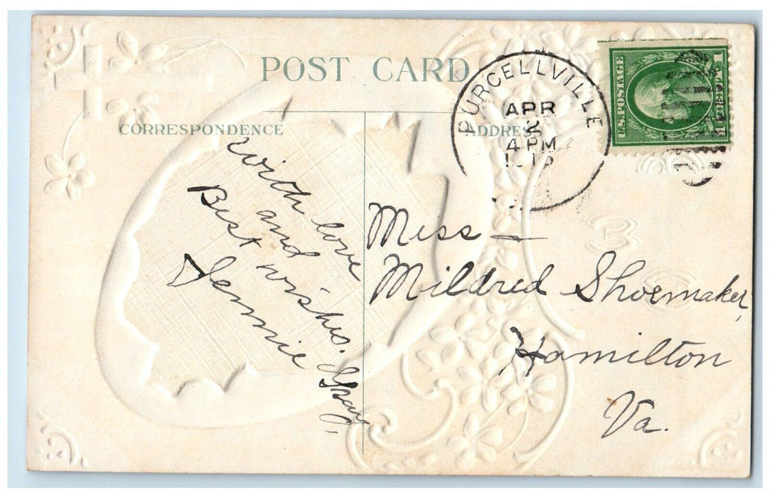 c1910's Easter Greetings Bunny Rabbit Cross Pansies Flowers Embossed Postcard