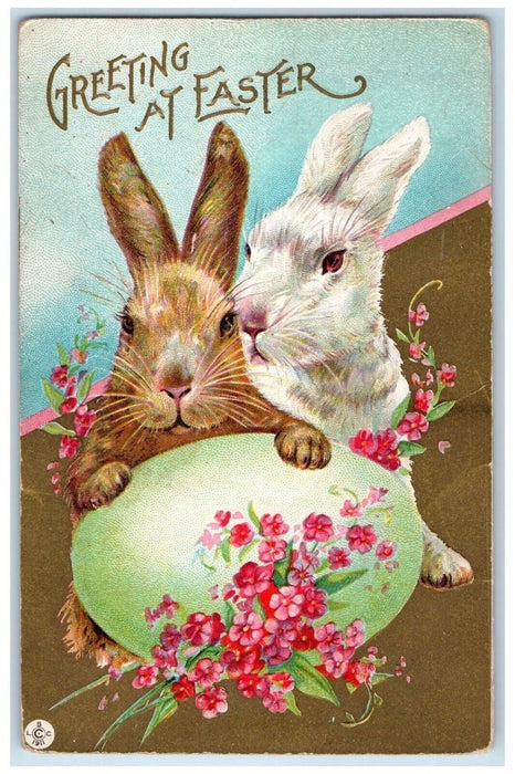 c1910's Easter Greetings Egg Bunny Rabbit Pansies Embossed Antique Postcard