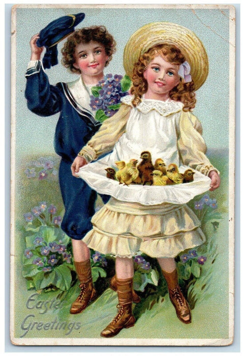 c1910's Easter Greetings Boy Girl Chicks Pansies Flower Embossed Tuck's Postcard