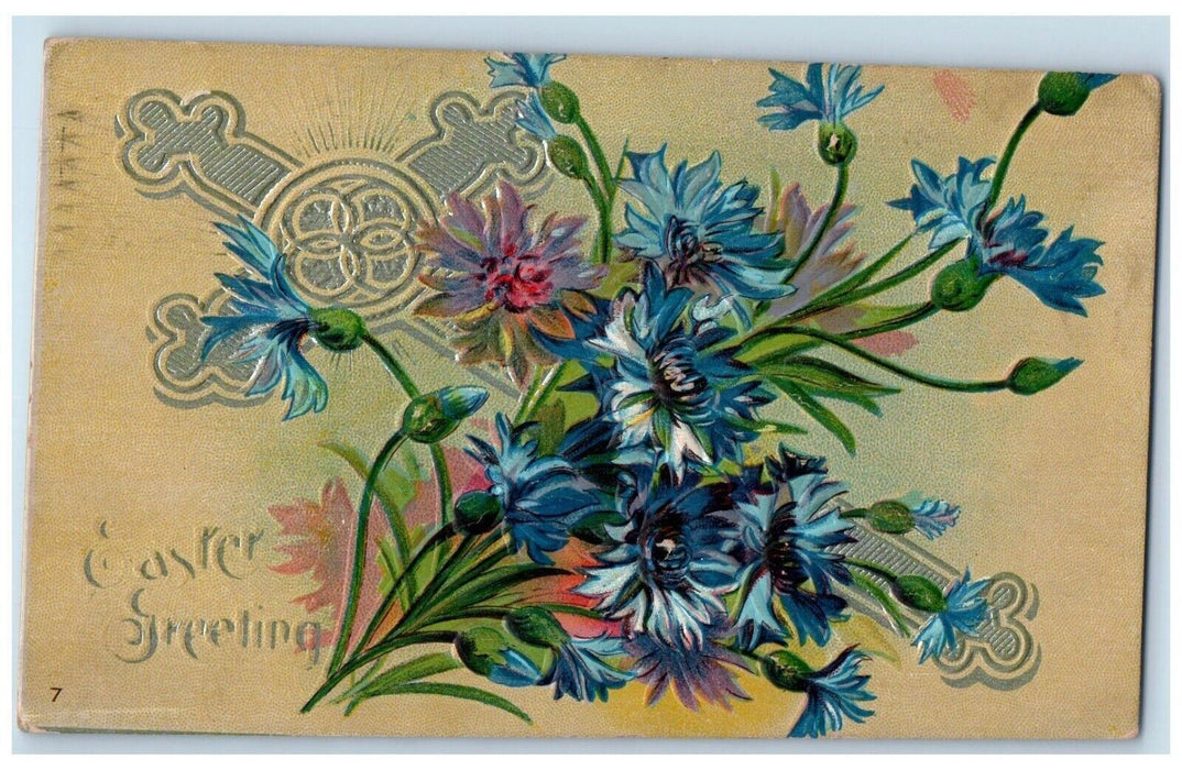 c1910's Easter Greetings Cross Flowers Embossed Posted Antique Postcard
