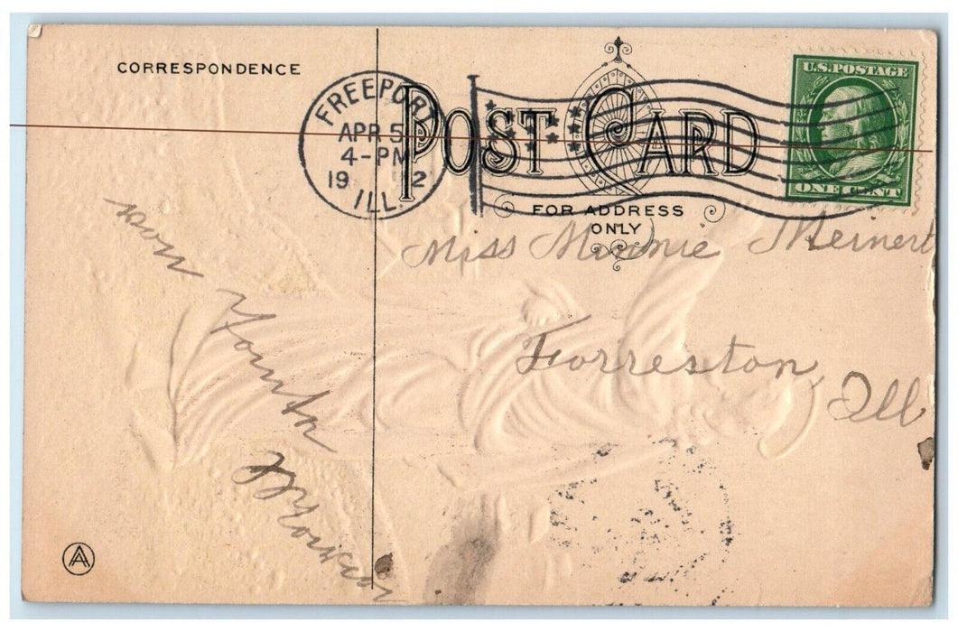 1912 Easter Greetings Jesus Flowers Religious Embossed Freeport IL Postcard