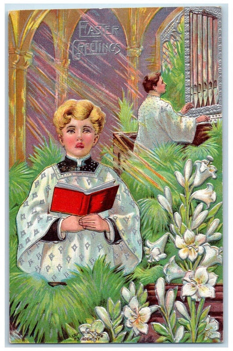 1910 Easter Greetings Man Playing Organ Choir Ephratah New York NY Postcard