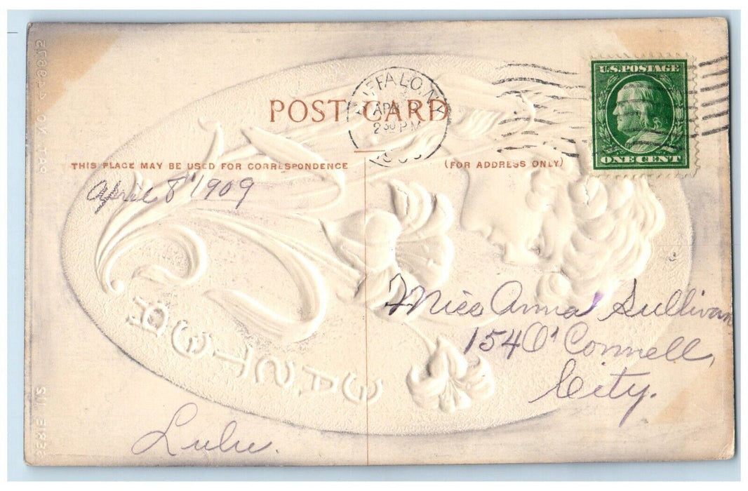 1909 Easter Egg Girl Lilits Flowers Airbrushed Embossed Posted Antique Postcard