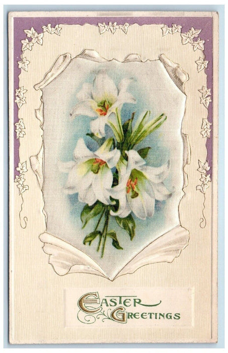 1913 Easter Greetings Lilies Flowers Winsch Back Embossed Antique Postcard