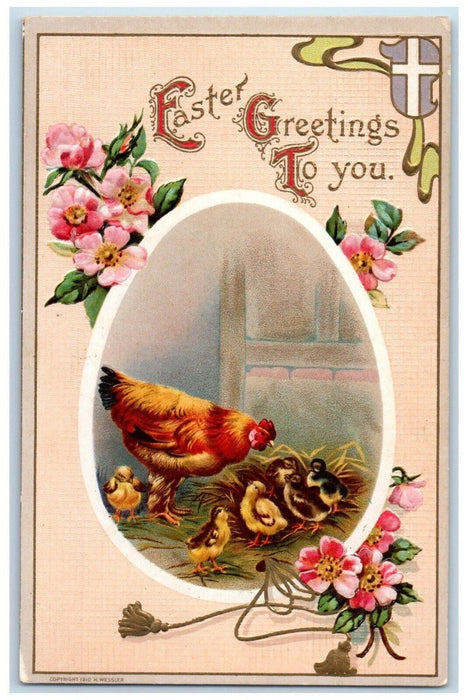 c1910's Easter Greetings Egg Chicken Hen Chicks Embossed Posted Antique Postcard